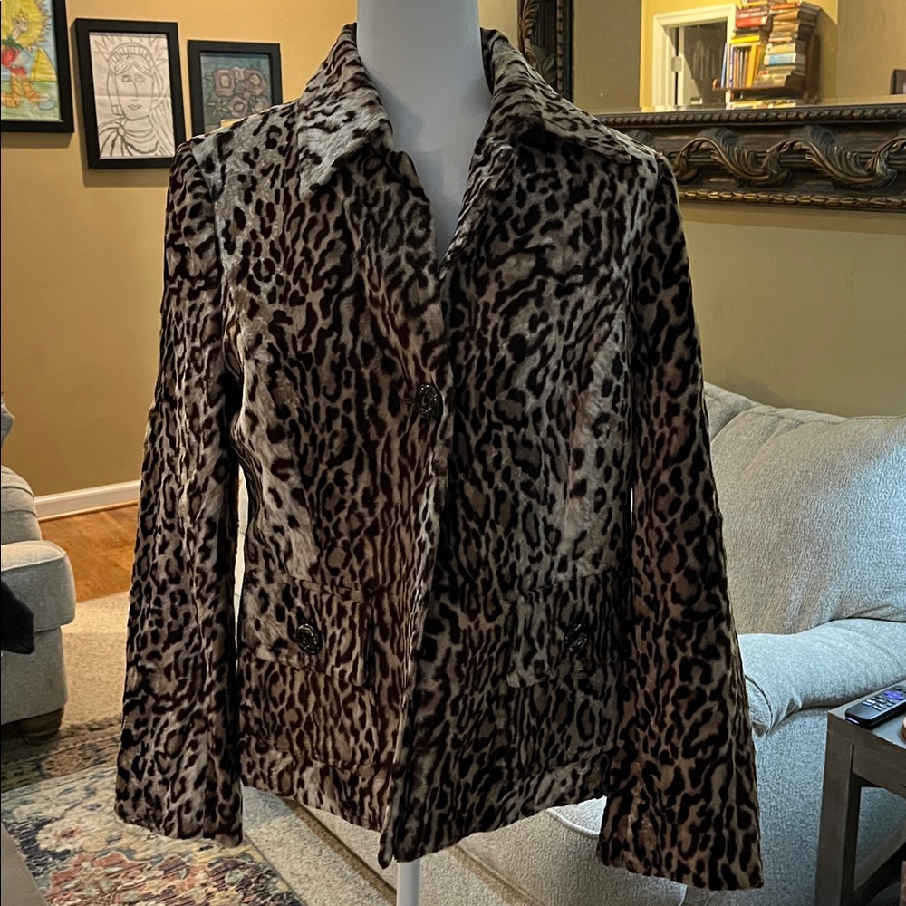 Vintage Austin Reed Animal Print Faux Fur Coat Size 10